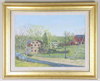 Ruppert Scott Lovejoy, American 1885-1975: Mulhalcoway Farm, Clinton NJ, 1956, (location is now the Spruce Run Reservoir, oil on canvas, 16"x24", SLL. Living Room/Entry