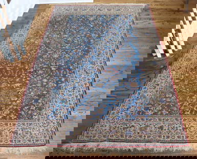 Fine Persian Carpet: Hand woven, pale blue ground with all over pattern including flora, insects, birds, triple floral border on cream ground, 91"x62". Living Room/Entry