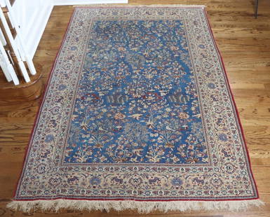 Fine Persian Carpet: Hand woven, pale blue ground with all over pattern including flora, insects, birds, triple floral border on cream ground, 91"x62". Living Room/Entry