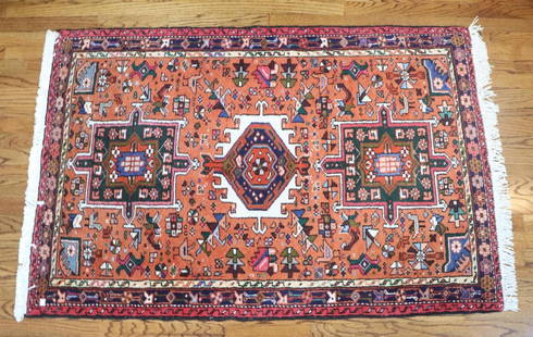 Persian Area Rug: Handwoven wool, animals and geometric shapes. 64.5” x 40”. Kitchen