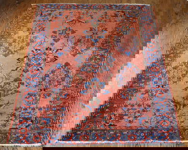 Semi Antique Persian Area Rug: Salmon ground with flowers and broad boarder. 73”lx62”w. Upstairs Landing.