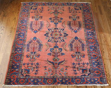 Semi Antique Persian Area Rug: Salmon ground with flowers and broad boarder. 73”lx62”w. Upstairs Landing.