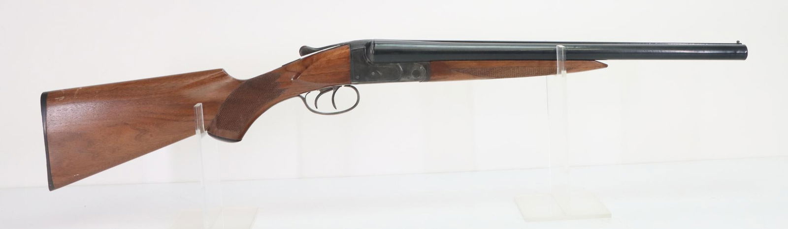 Unknown Maker Coach Gun SxS Shotgun: 16Ga. 18" bbls, 3" chambers, Cyl/Cyl chokes, SN 460642. 100% very thick wavy reblue on barrels good bores, receiver shows gray patina with areas of pitting, checkered wood stock and forearm show light