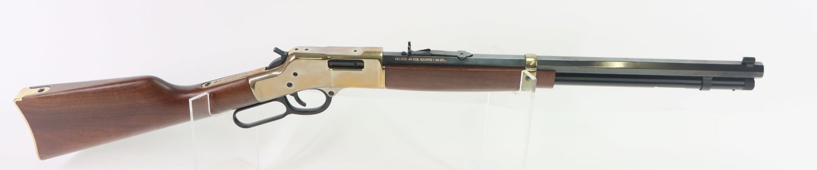 Henry H006 Big Boy Lever Action Rifle: 44 Rem Ma/44 Special, 19 3/4" bbl, SN BB0047131. 100% blue finish on barrel, good bore, barrel markings have gold fill, brass receiver shows very light handling, wood stock and forearm show no handlin