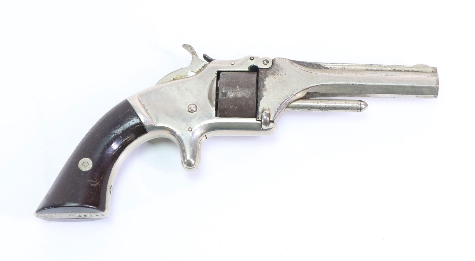 Copy Of Smith & Wesson Model 1 Spur Trigger Revolver: 22 Short, 3 1/8" bbl, SN 44181 (if this was a Smith & Wesson the SN would make it a Second issue 1860-1868) 75% nickel finish shows areas of flaking and loss, poor bore, barrel rib show no markings or