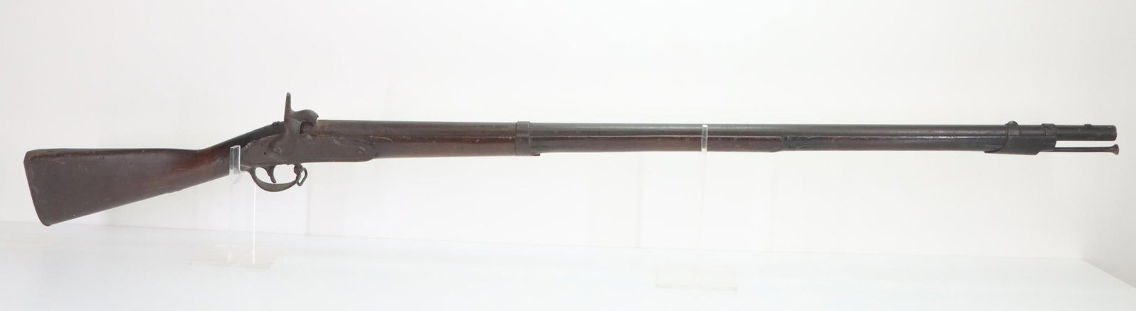 Springfield Model 1816 Percussion Conversion Rifle: .69, 42" bbl, NSN. Dark brown patina with heavy frost texture and surface oxidation with area of erosion around nipple, converted from flintlock to percussion via 2nd US/Belgian cone in breech, poor b