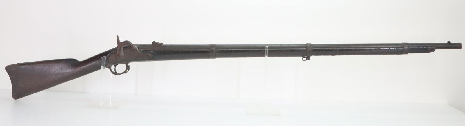 Springfield 1861 New Jersey 3 Band Percussion Rifle Musket: .58, 40" bbl, NSN. Dark brown patina with heavy frost texture and surface oxidation, fair bore shows rust with rifling still visible, 3 leaf rear sight, left side of breech faintly shows VP over eagle