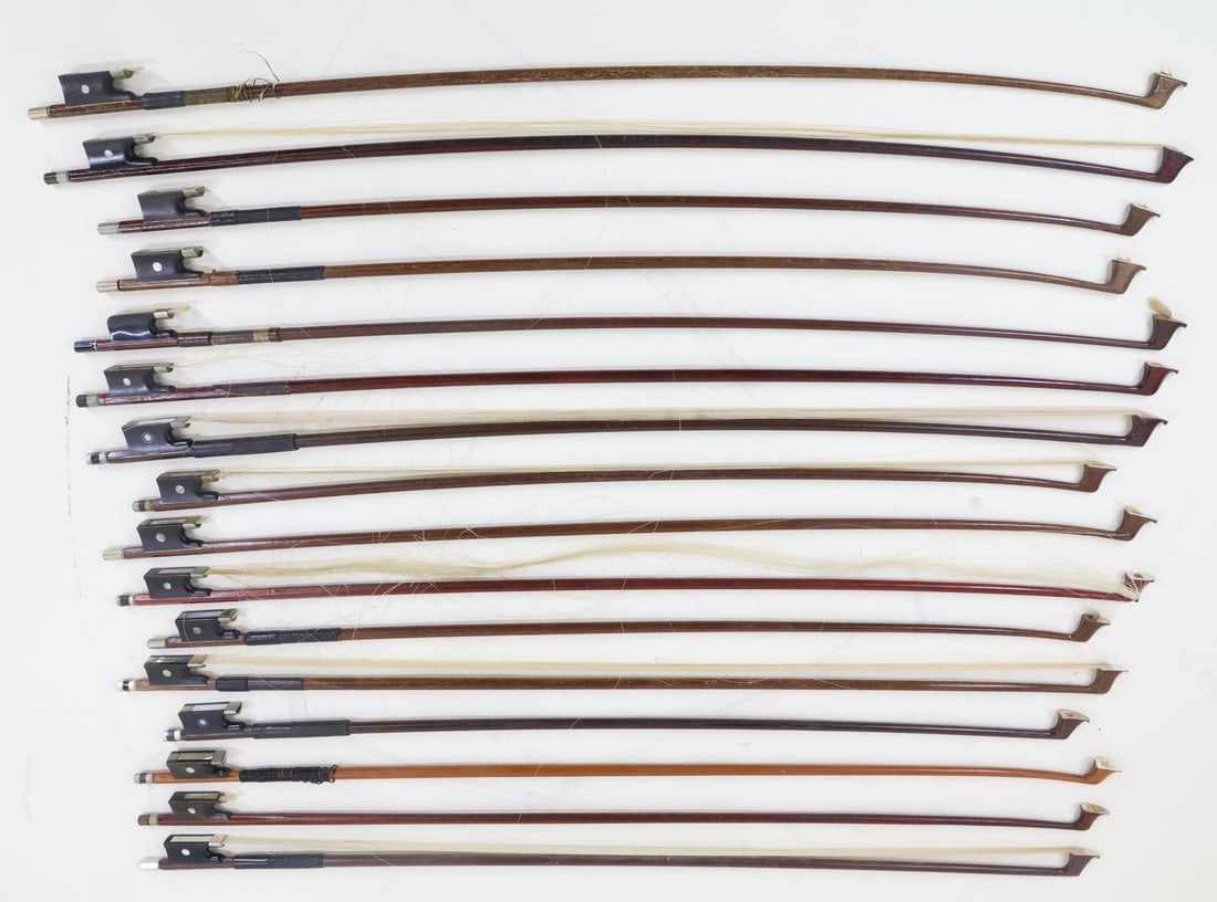 Lot of 16 Violin Bows: 12 4/4 Bows and 4 3/4 Bows Mostly Unlabelled and Needing Hair