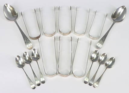 Georgian British Sterling Silver Flatware by the Bateman Family: George III sterling silver flatware by various members of the Bateman Family, London. Sugar tongs, no visible date mark, by Hester Bateman; sugar tongs and a set of (6) demitasse spoons, by Peter and