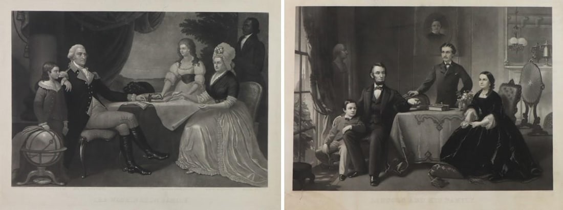 American Historic Engravings-Washington & Lincoln: Pair of American historic engravings including; 1.) Engraving titled "Lincoln and His Family" from the painting by Samual B. Waugh and engraved by William Sartain (1866). Print measures 22" x 28" and