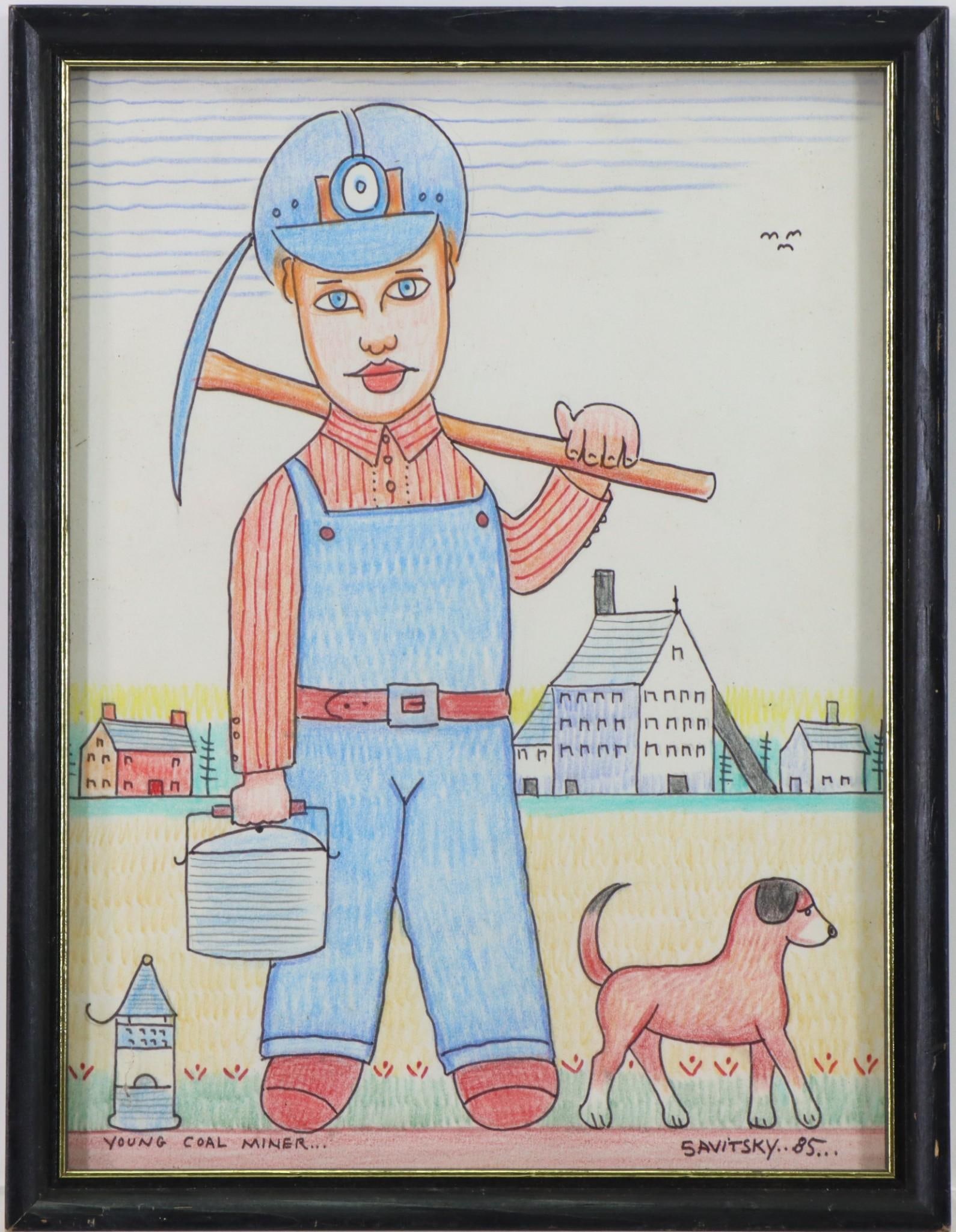 John "Jack" Savitsky (1910 - 1991): Colored pencil on paper," Young Coal Miner", SDLR '85. Full portrait of a young coal miner and his pup. 12.75"h x 9.75"w framed.