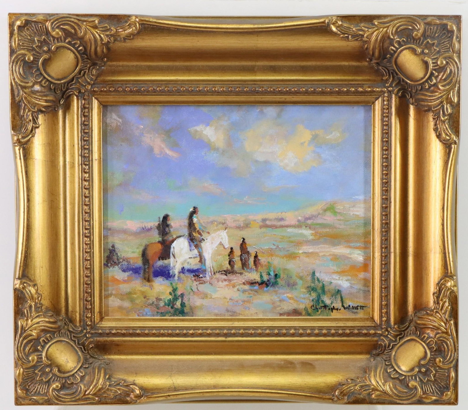 Christopher G. Willett (Born 1959): Oil on board, SLR. Native Americans on horseback. 13.5"h x 15.5"w framed