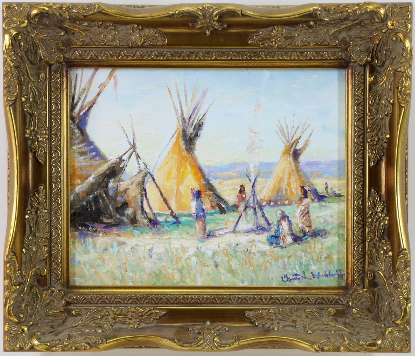 Christopher G. Willett (Born 1959): Oil on canvas, SLR. Native American's gathered around a fire. 8"h x 10"w and 11.75"h x 13.75"w framed