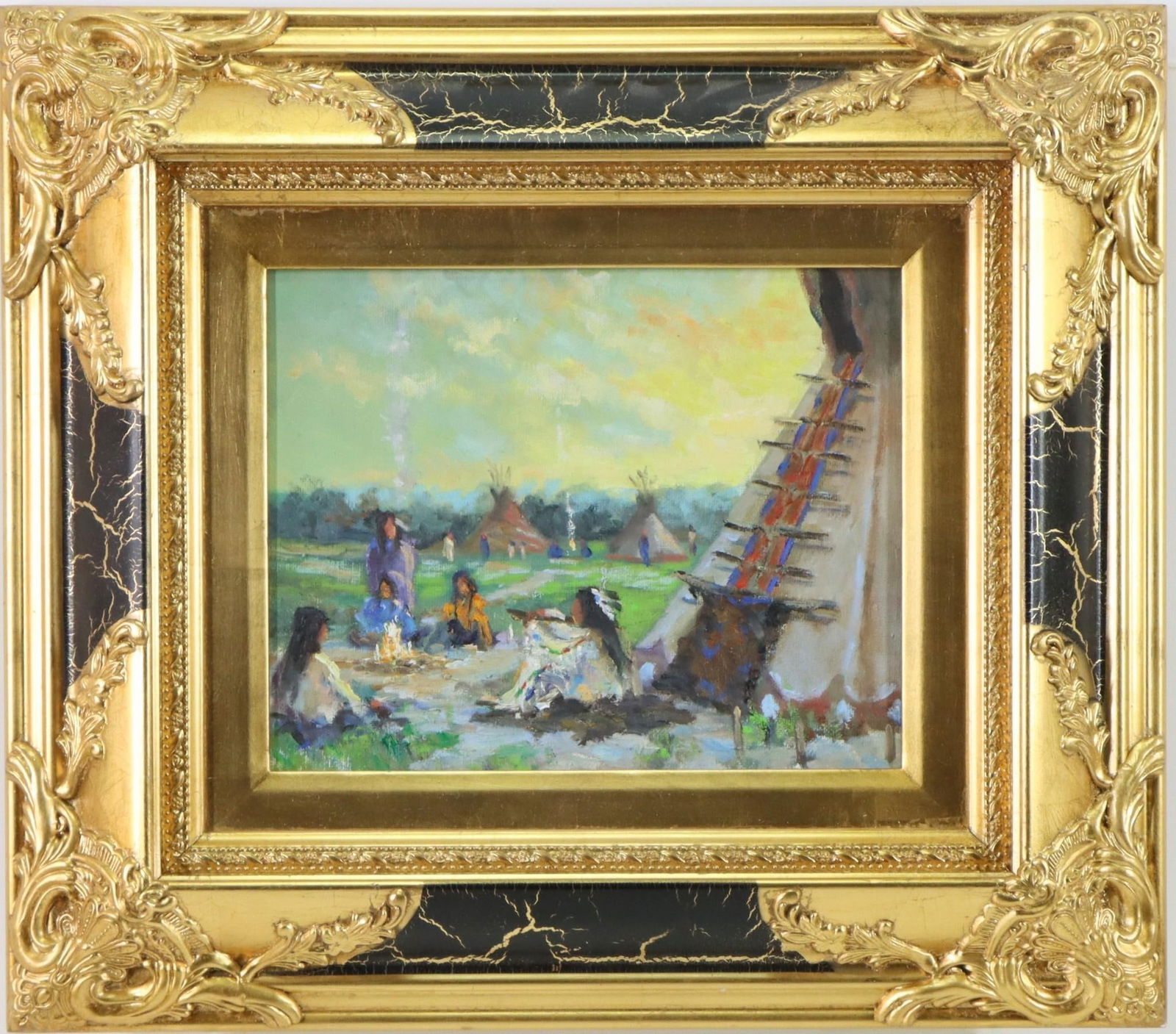 Christopher Willett (born 1959): Oil on canvas, "Sioux Camp", signed en verso. Native American settlement. 8"h x10"w and 15"h x 17"w" framed