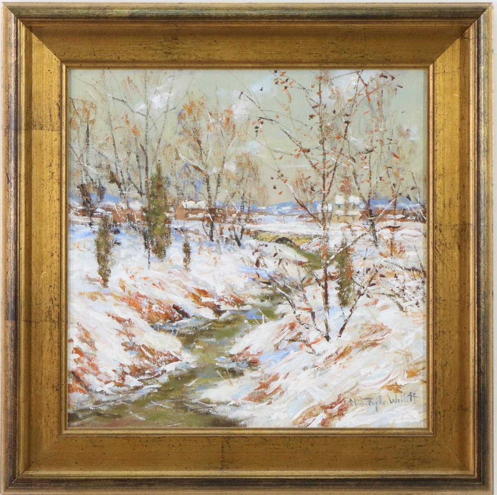 Christopher Willett (born 1959): Oil on canvas, "Winter Comes Early" SLR. Snowy winter landscape with homes in the distance. 12"h x 12"w and 16"h x 16"w