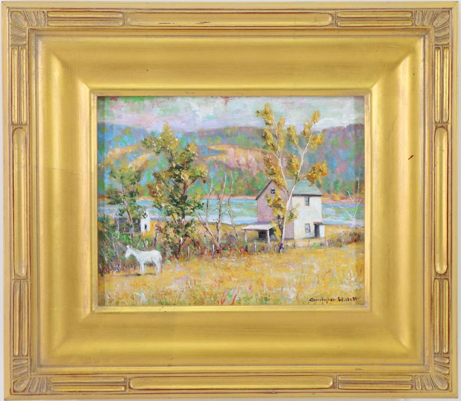 Christopher Willett (born 1959): Oil on canvas, SLR. Landscape view of a home near the river. 8"h x 10"w and 14"h x 16"w