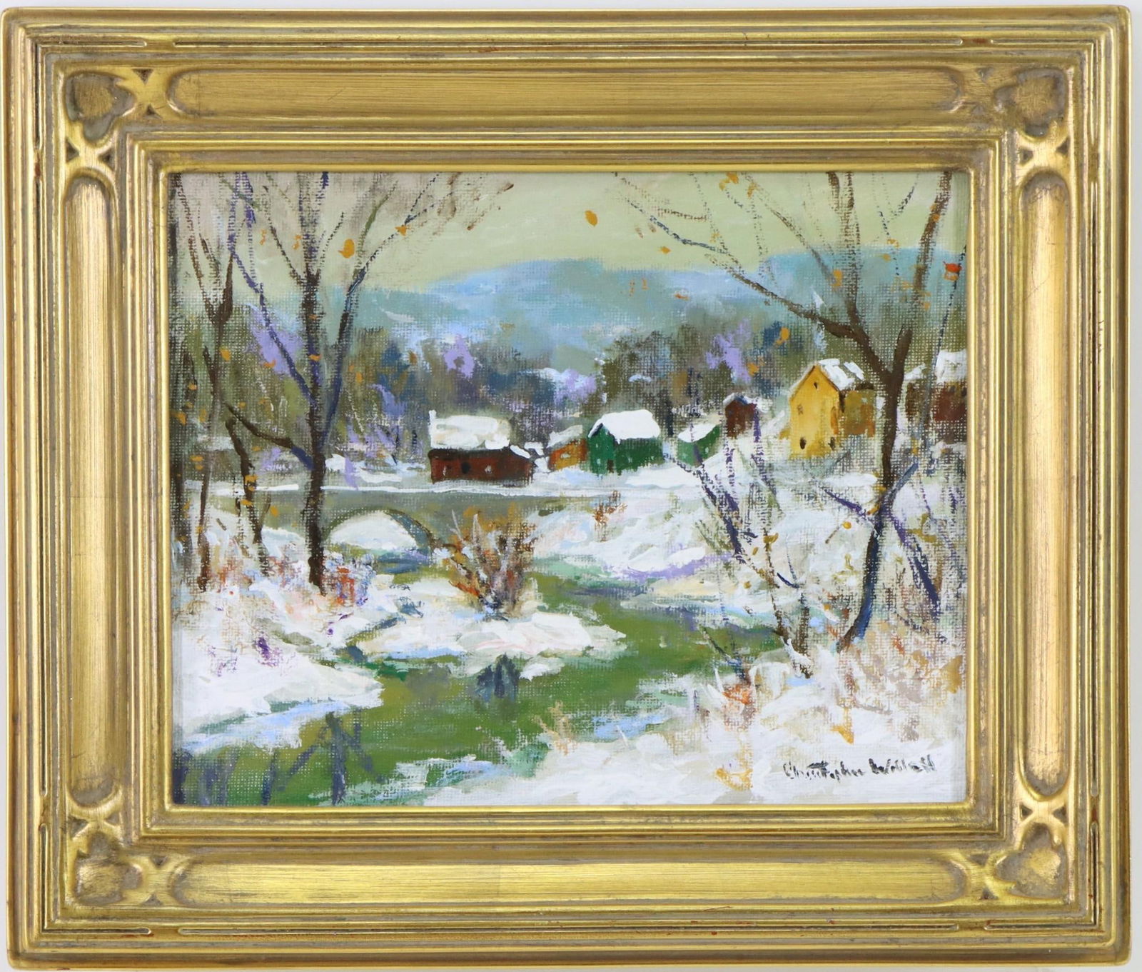 Christopher Willett (born 1959): Oil on board, "Point Pleasant" SLR. Snowy riverside landscape. 8"h x10"w and 11.5"h x 13.5"w framed
