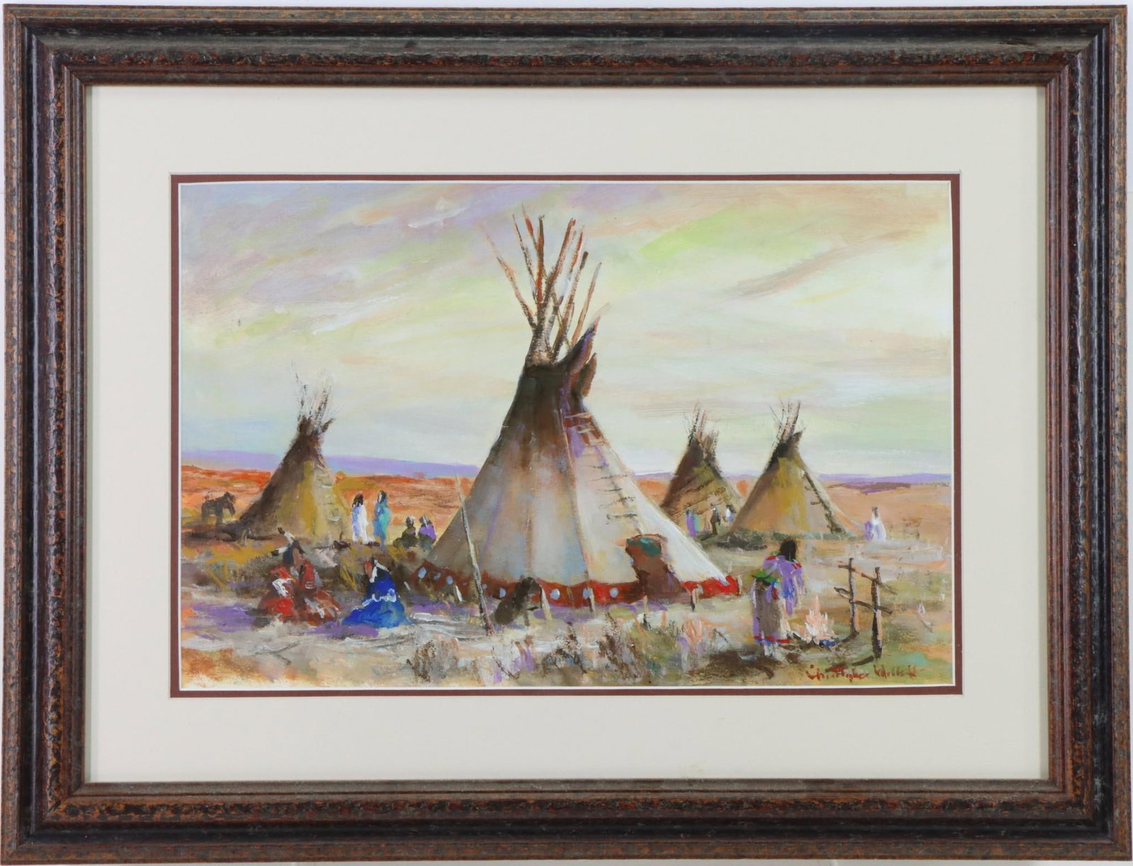 Christopher G. Willett (Born 1959): SLR. Landscape of a small Native American settlement. 11"h x 17"w and 18.5"h x 24"w framed