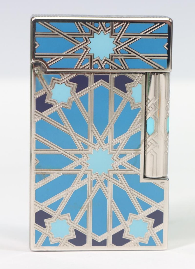 S.T. Dupont Andalusia Lighter: S.T. Dupont Andalusia limited edition platinum finished with lacquer and turquoise lighter, dated 1993, no. 989/3000. No box.