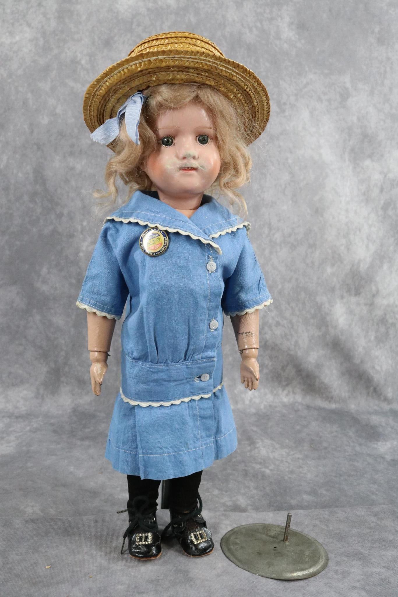 SCHOENHUT.: 15" SCHOENHUT "Miss Dolly" doll Model No. 316. Painted blue eyes, replaced curly blonde mohair wig, open/closed mouth with (4) painted teeth. Body has the incised mark on back of torso. Dressed in ori