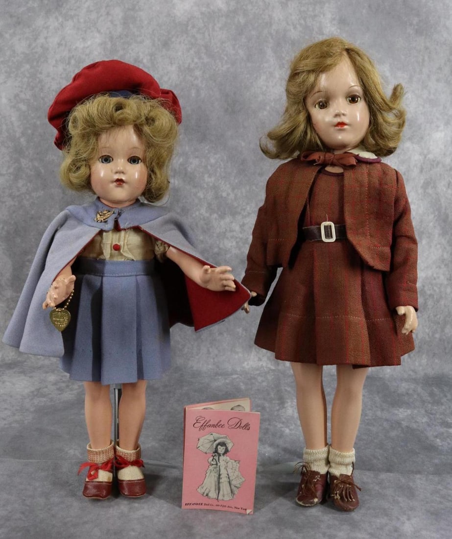 COMPOSITION - F&B, R&B.: Pair of dolls with sleep eyes, closed mouths, human hair wigs. Clothing appears all original. Doll 1) 15" EFFANBEE 1940 - 1949 "Anne Shirley" doll dressed as a "Wave". Blue eyes, honey blonde wig. Dol