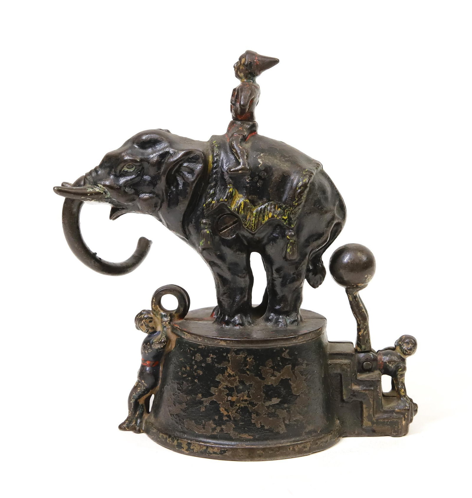 J. & E. Stevens "Elephant and 3 Clowns" Mechanical Bank: J. & E. Stevens "Elephant and 3 Clowns" cast iron mechanical bank, paint wear, missing coin receiver cap, in working order, 6"h x 4.5"w base.