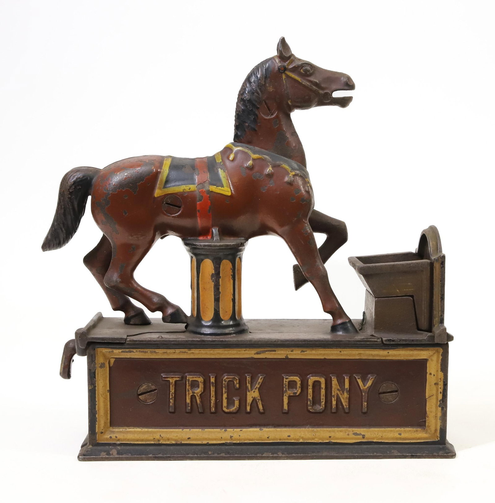 Shepard Hardware Co. "Trick Pony" Mechanical Bank: Shepard Hardware Co., Buffalo, NY, "Trick Pony" cast iron mechanical bank, original paint, some crazing, in working order, 8"h x 7"w base.