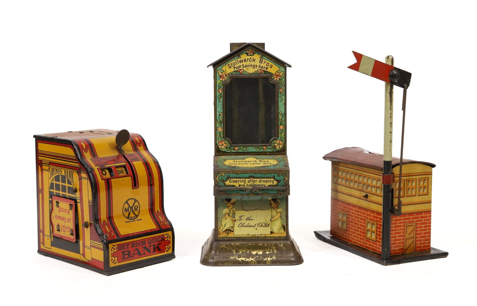 Tin Lithograph Still Banks: Stollwerck, Germany, tin lithograph miniature automat style chocolate dispenser bank, marked, text in English, 6.5"h x 3"w base. Marx National Savings Bank tin lithograph cash register bank, keeps tot