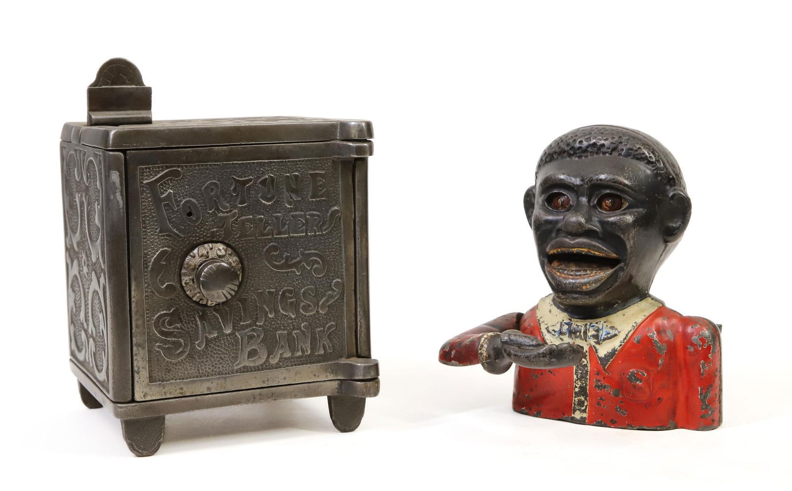 Baumgarten & Co. "Fortune Teller" & Jolly N Banks: Baumgarten & Co. Fortune Teller Savings Bank, cast iron, drop in coin and wheel spins to show fortune, messages on fortune wheel look replaced, put in coin, jerk lever backward, fortune wheel spins, i