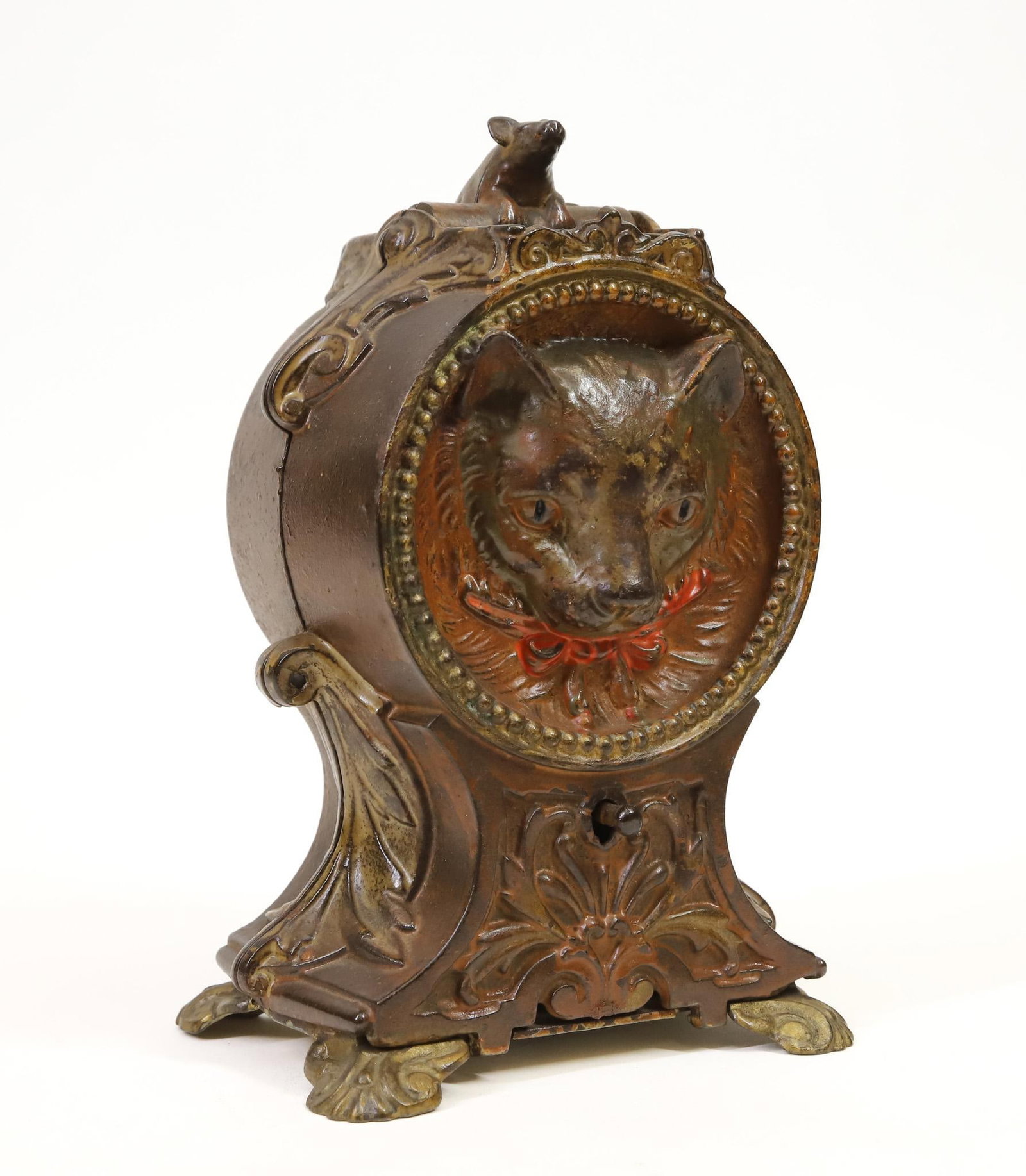 J. & E. Stevens "Cat and Mouse" Mechanical Bank: J. & E. Stevens "Cat and Mouse" cast iron mechanical bank, original base, in working condition, coin is placed on platform below the mouse’s head, clicks lever and a cat appears with a mouse and bal