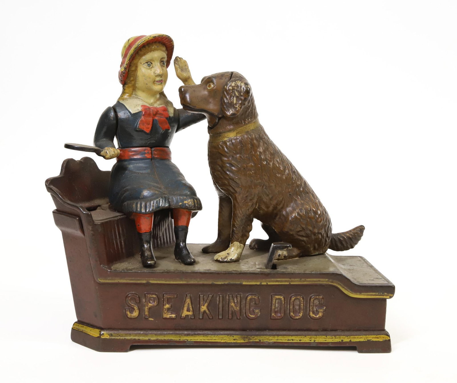 Shepard Hardware "Speaking Dog" Mechanical Bank: Shepard Hardware Company "Speaking Dog" cast iron mechanical bank, combination of original paint and over paint, in working order, 7.25"h x 7.25"w base.