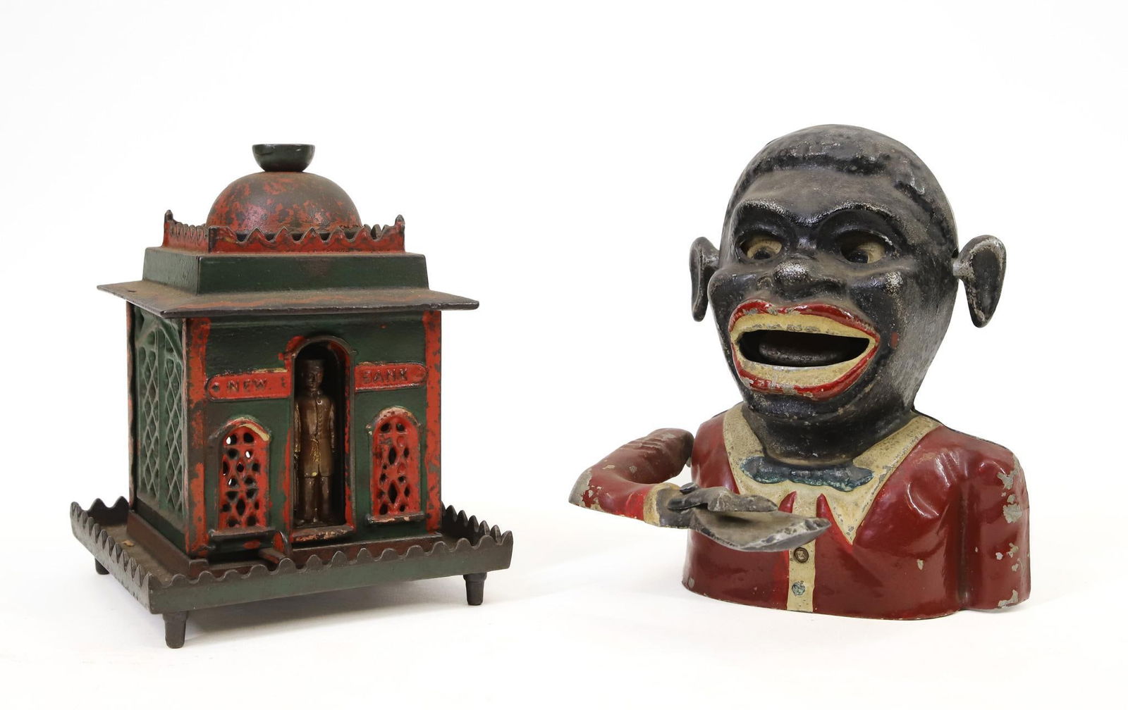 J. & E. Stevens and Jolly N Mechanical Banks: J. & E. Stevens "New Bank" cast iron mechanical bank, deconstructed, when together lever moves guard to the side, exposes coin slot for deposit, all bank pieces includes except bolt to reconstruct it,