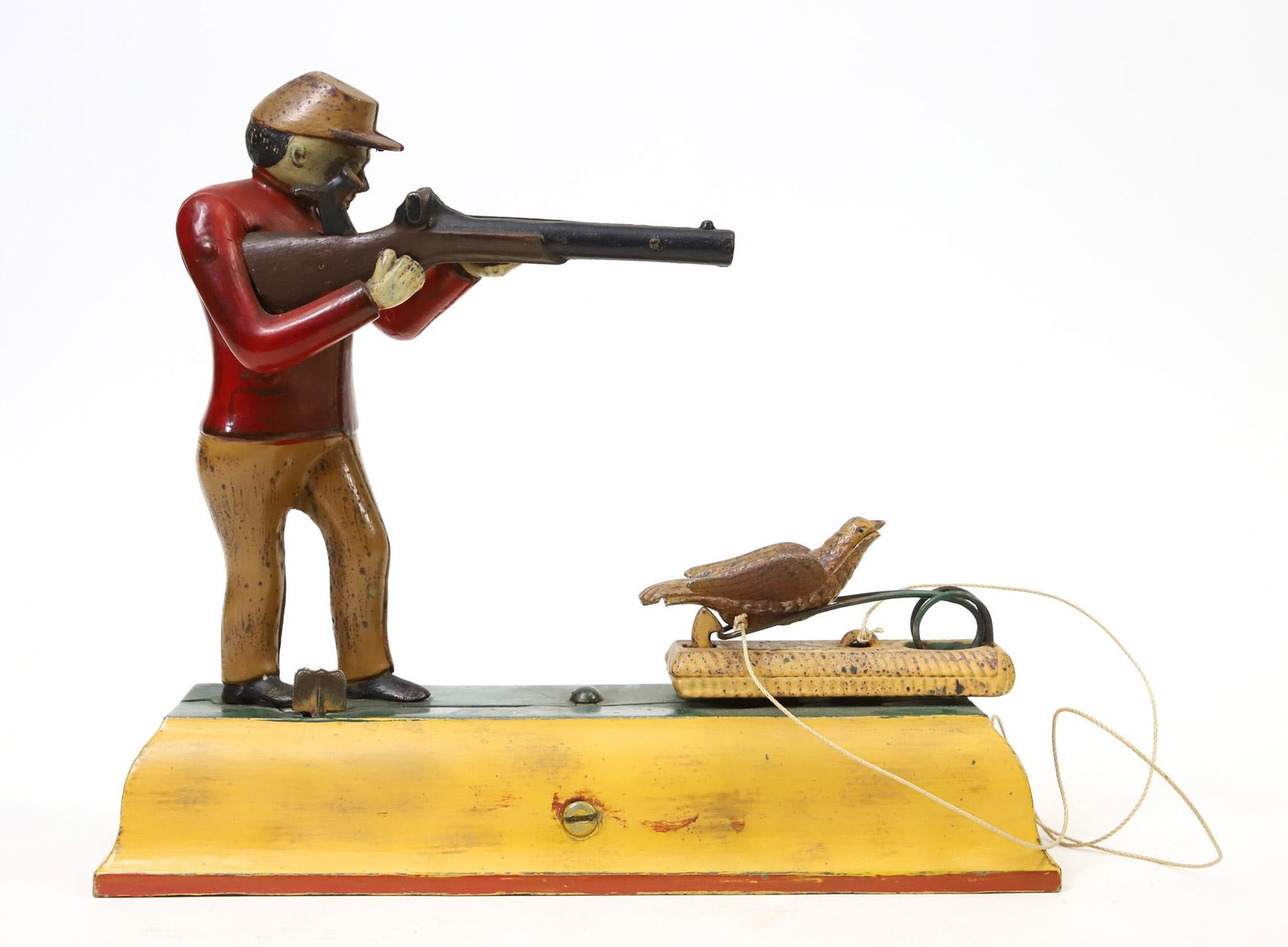 J. & E. Stevens "Fowler" Mechanical Bank: J. & E. Stevens "Fowler" cast iron mechanical bank, repainted, bird is in 2 pieces,needs to be reattached, in working order, 8"h x 9"w base.