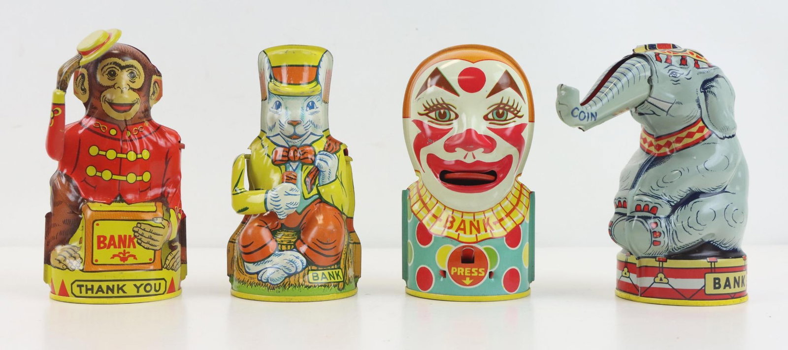 Chein Tin Lithograph Banks: Chein Playthings, 1972 reissue, tin lithograph mechanical banks, includes Circus Elephant, Clowns, Uncle Wiggily and Monkeys, each 5”h.