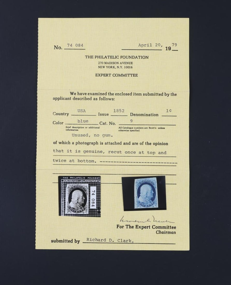 US Stamps #9 with Certificate (1 of 3)