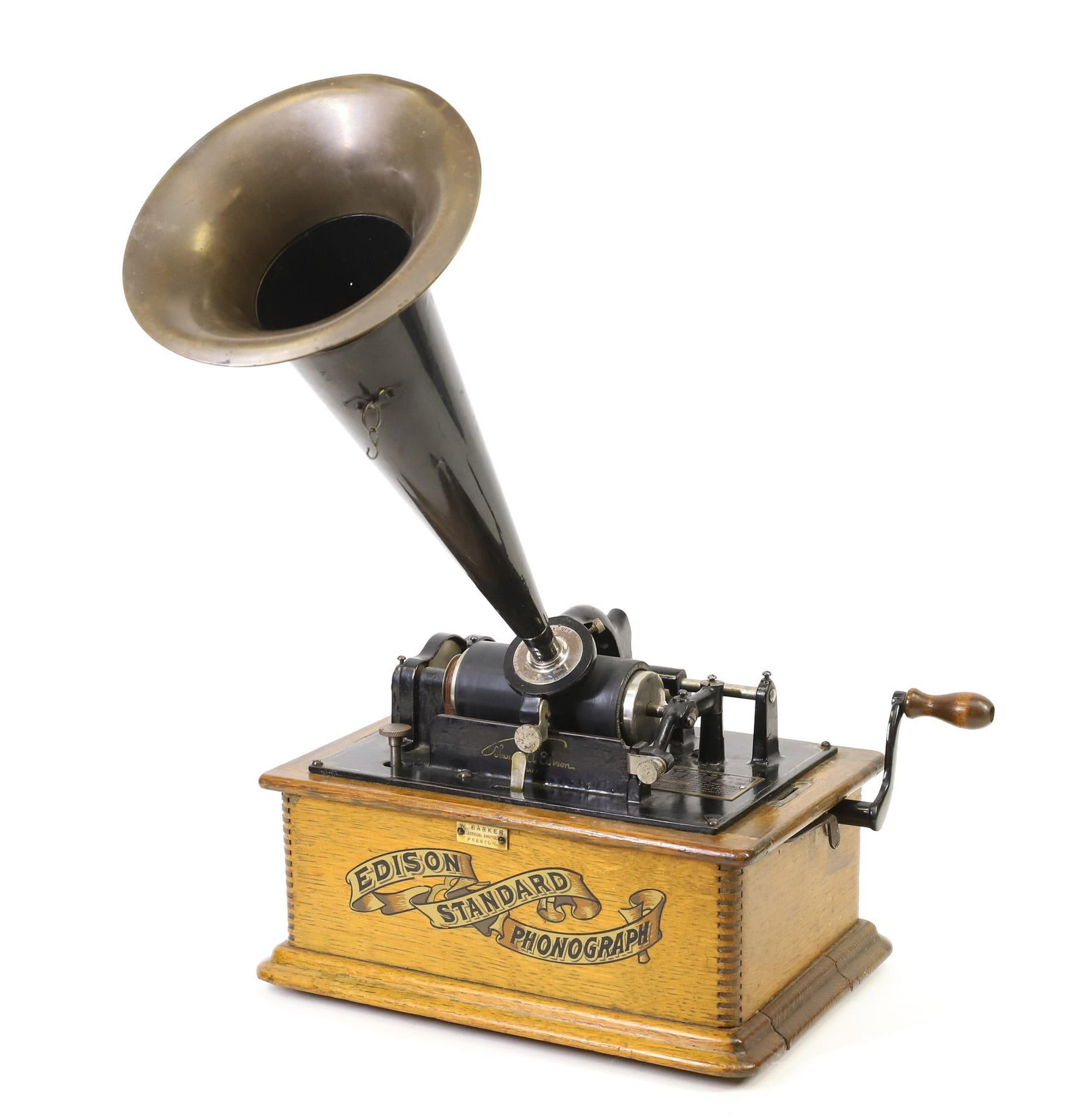 Edison Standard Phonograph: Oak case with cover, decal, and bone nameplate, steel and brass horn. Serial no. S87391, latest patent date 1898. Includes (5) records with boxes, (1) broken record with box, and (2) empty boxes. Wind