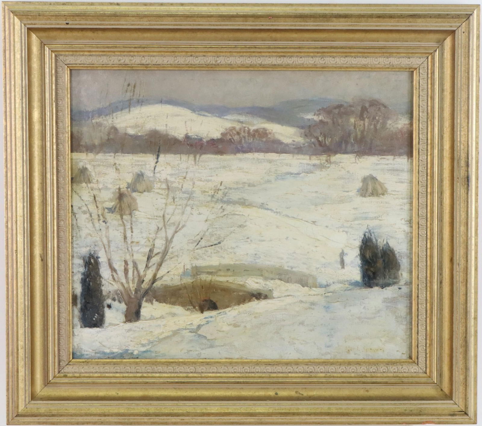 Robert Spencer (1879 - 1931): Oil on canvas, SLR. Impressionist winter scene with a snow swept valley and arch bridge. 16.5"h x 18.5"w framed. 12"h x 14"w