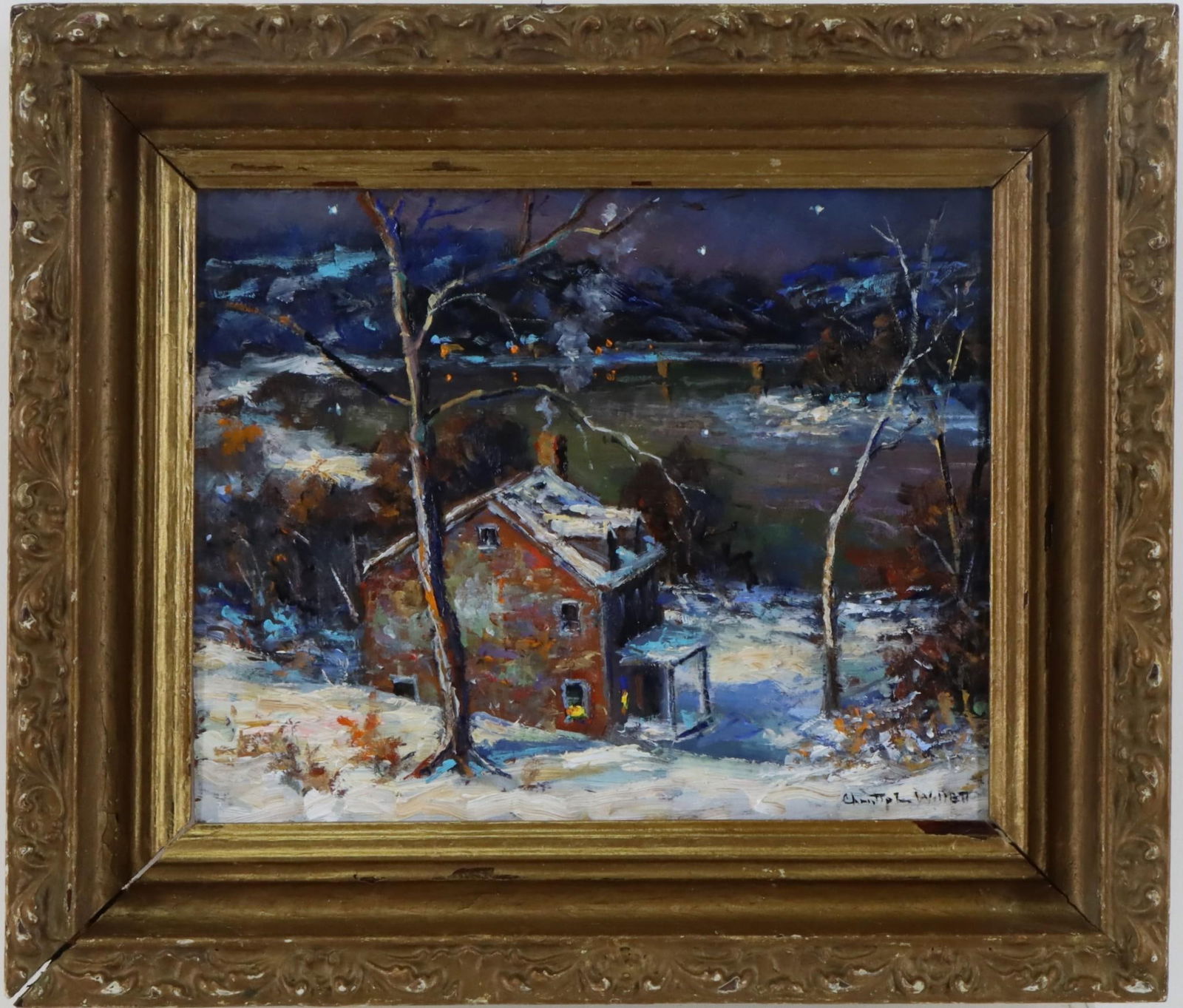 Christopher Willett (born 1959): Oil on board," View of Walking Bridge on Delaware River towards Point Pleasant". Snowy winter nocturne. 8"h x10"w and 11.5"h x 13.5"w framed