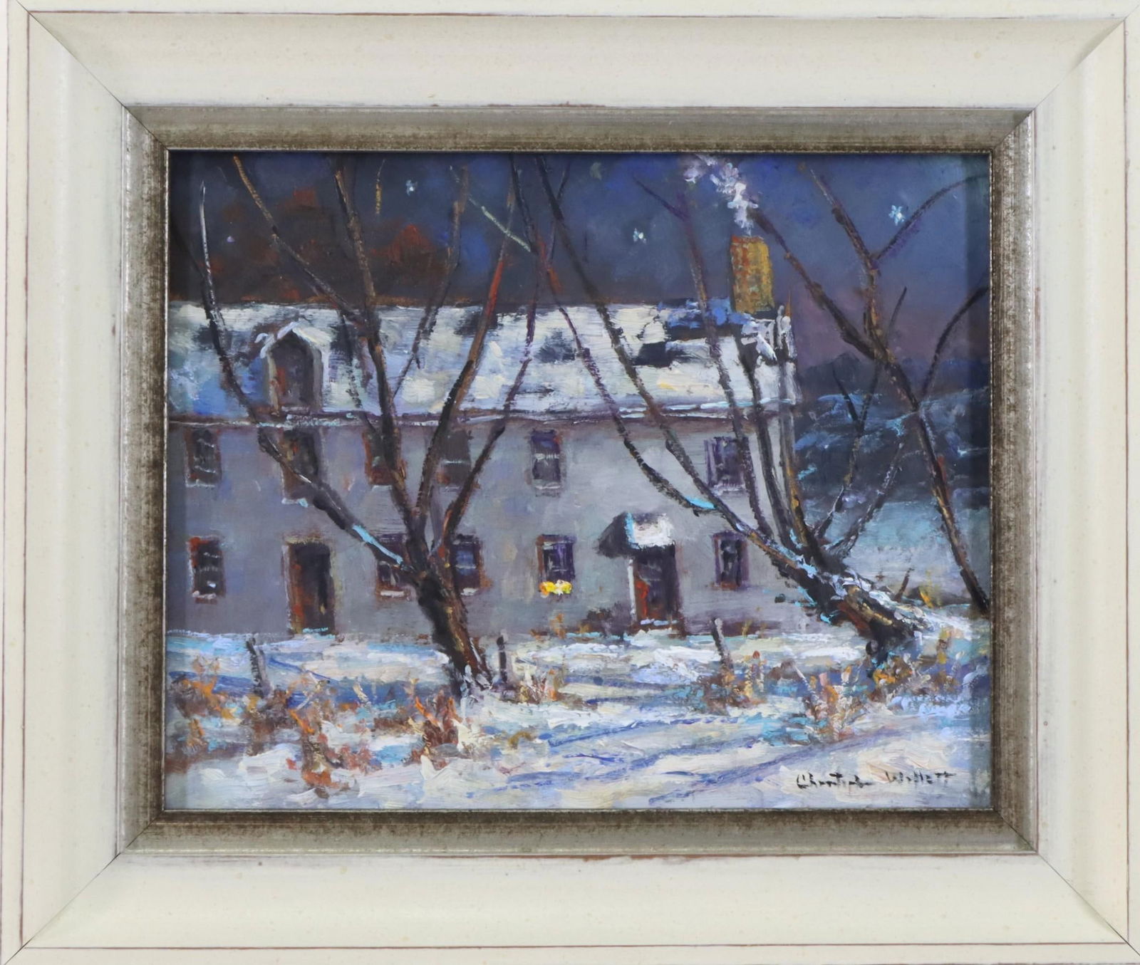 Christopher Willett (born 1959): Oil on board, "Old Mill: Taylors. WIlliam Francis Taylors House", Bucks County Pa. Impressionist winter nocturne of the snow dusted mill. 8"h x 10"w and 11"h x 13"w