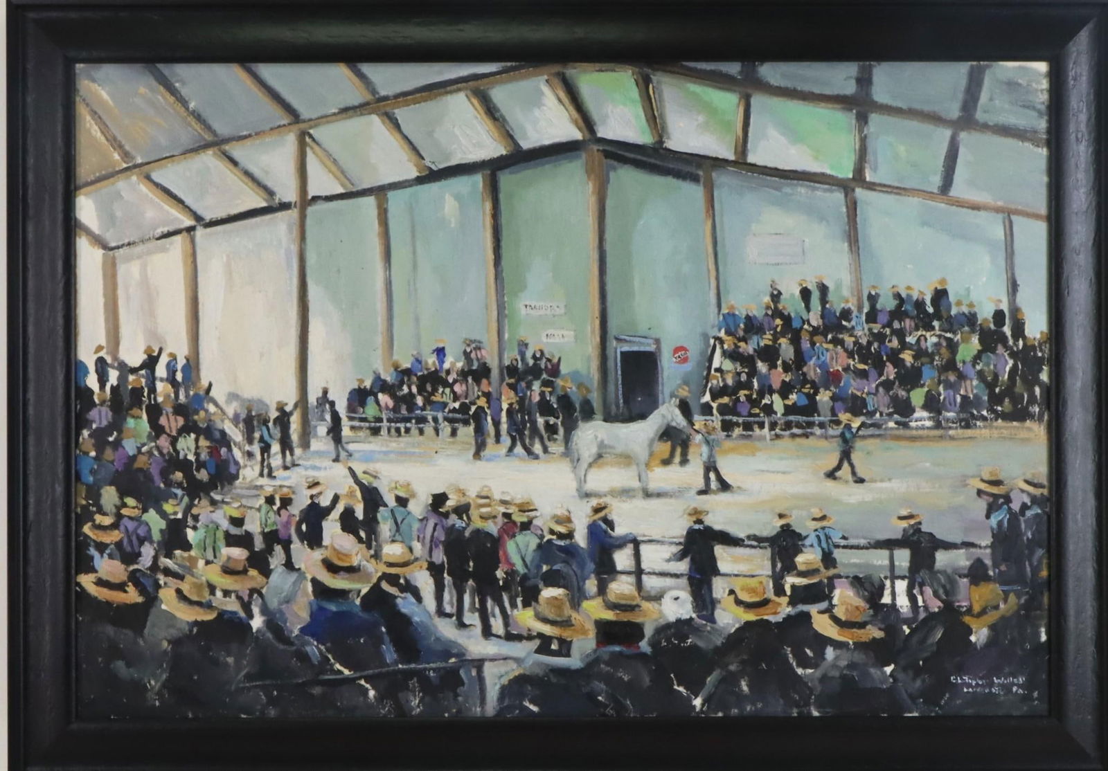 Christopher Willett (born 1959): Oil on board, SLR. Impressionist Amish horse auction. 23"h x 32.5" framed.