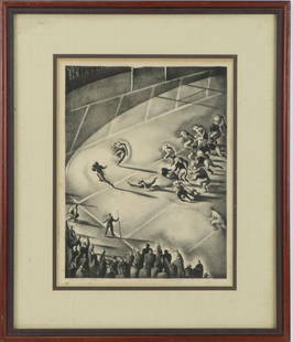 Benton Murdoch Spruance (1904 - 1967): Lithograph, "Thrill of the Game", SDLR '33, 12"h x 9.5"w sight and 18.5"h x 15.5"w framed