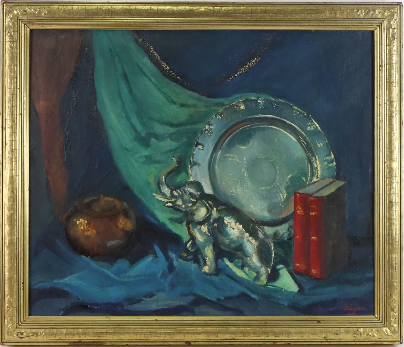 Newcomb Macklin Frame: Newcomb Macklin frame with original label intact. Oil on canvas tabletop still life, signed by artist Cay Skot (b.1927). 25"h x 30"w canvas and 29.5"h x 34.5"w frame