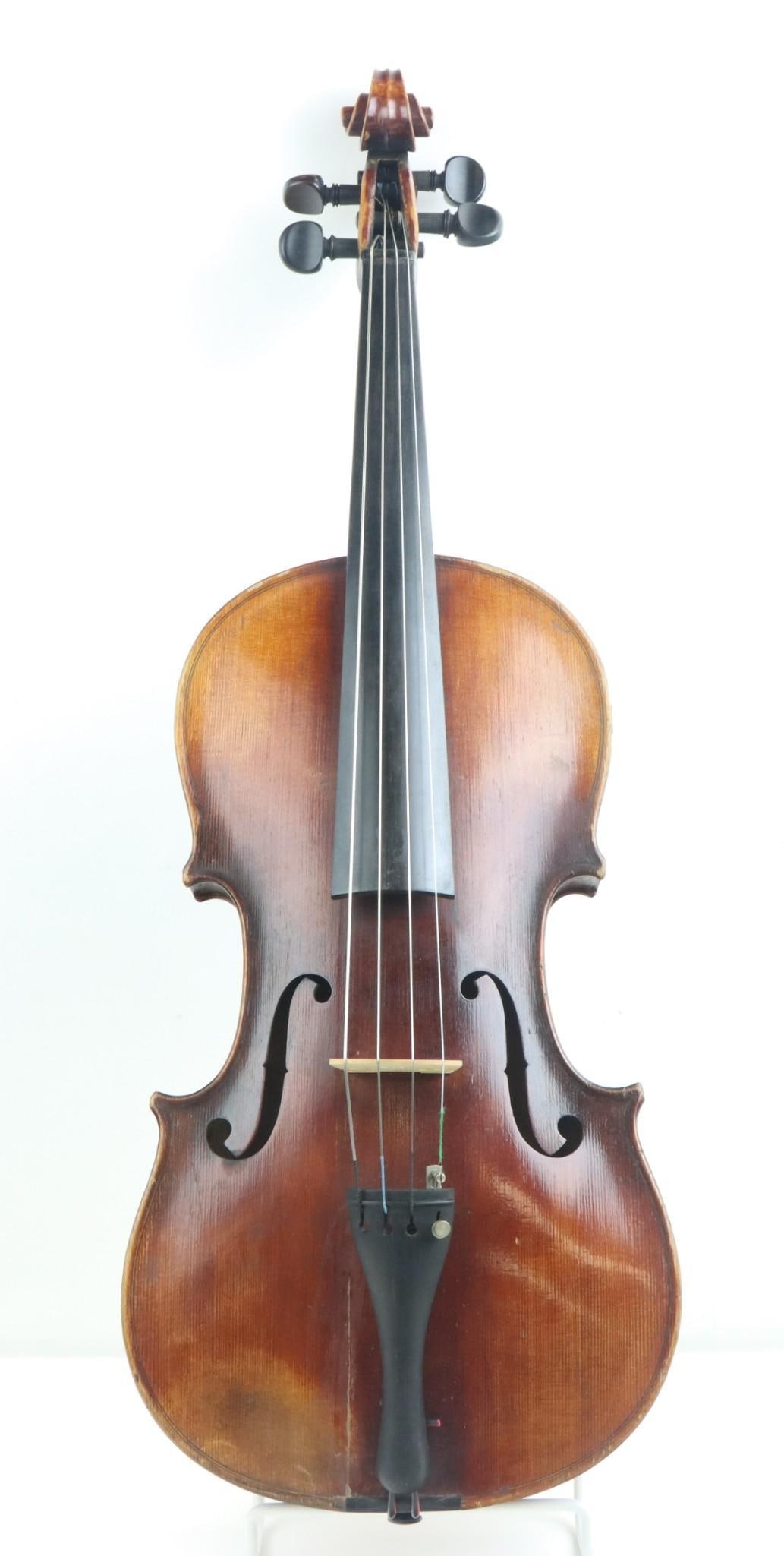 Viola: Unlabeled 15" Viola. Playable Condition. Unrepaired Top Crack on Top near Tailpiece. Repair Receipt from 1966. Missing Chinrest. Needs Repair Missing Chinrest. Hard Case Included