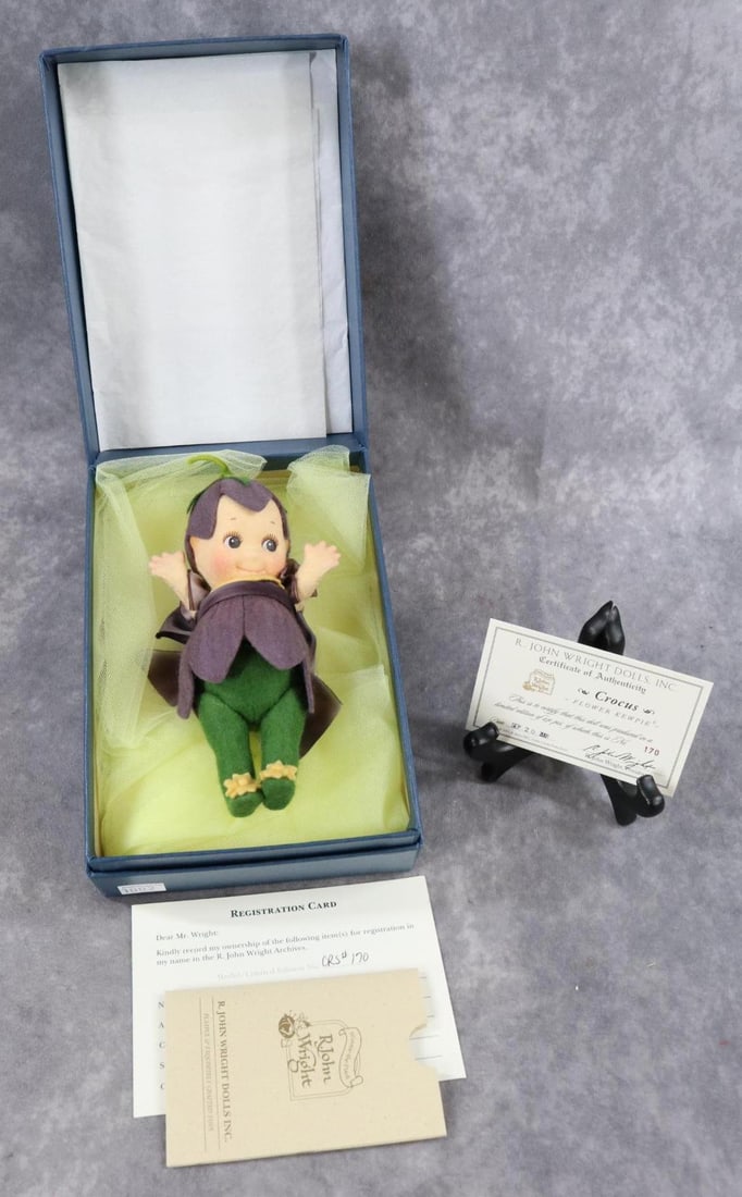 R. JOHN WRIGHT.: 6 1/2" MIB 2001 "CROCUS" Flower Kewpie. Ltd. Ed. No. 170/250. COA.