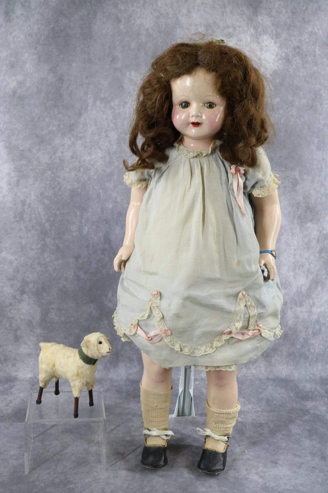 COMPOSITION DOLLS.: LOT. 26" 1920's-1930's EFFANBEE shoulder head doll. (Possibly Rosemary or Marilee?) Tin sleep eyes (lashes missing), open mouth. Very full, long brown human hair wig. Cloth body, composition lower lim