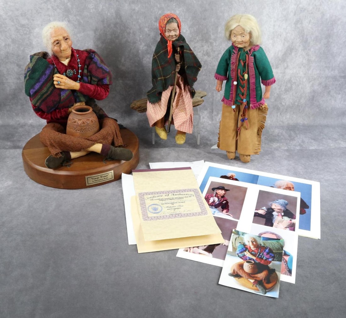 NATIVE AMERICAN DOLLS.: LOT of (3) dolls. Antique and artist. ANTIQUE - 13" HEUBACH 8457 solid dome elderly Male character shoulder head doll with painted features, gray mohair wig. Brown cloth body marked "Hair stuffed, Mad