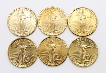 $10 1/10th oz .999 Fine Gold Coins (6)