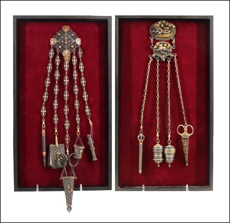 Chatelaines: Silver plate and copper chatelaine with naval motif and (5) appendages including retractable pencil, note pad with writing sheets, steel scissor in lined hanging case, lined pail thimble holder and ne