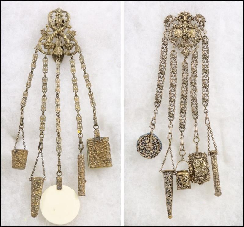 Chatelaines: Brass openwork and repousse chatelaine with (5) appendages including rotating pin cushion with velvet back, hanging scissor case, lined pail style thimble holder with brass thimble, note pad case with