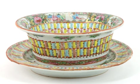 Chinese Rose Medallion Chestnut Basket and Underplate